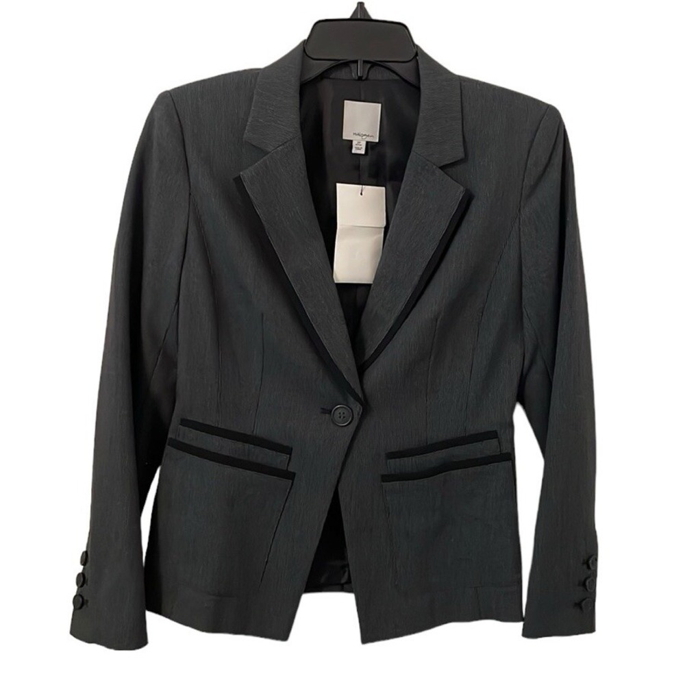 Halogen Women's Gray Lined Buttoned Black Trim Pocket‎ Blazer Jacket Size 2P